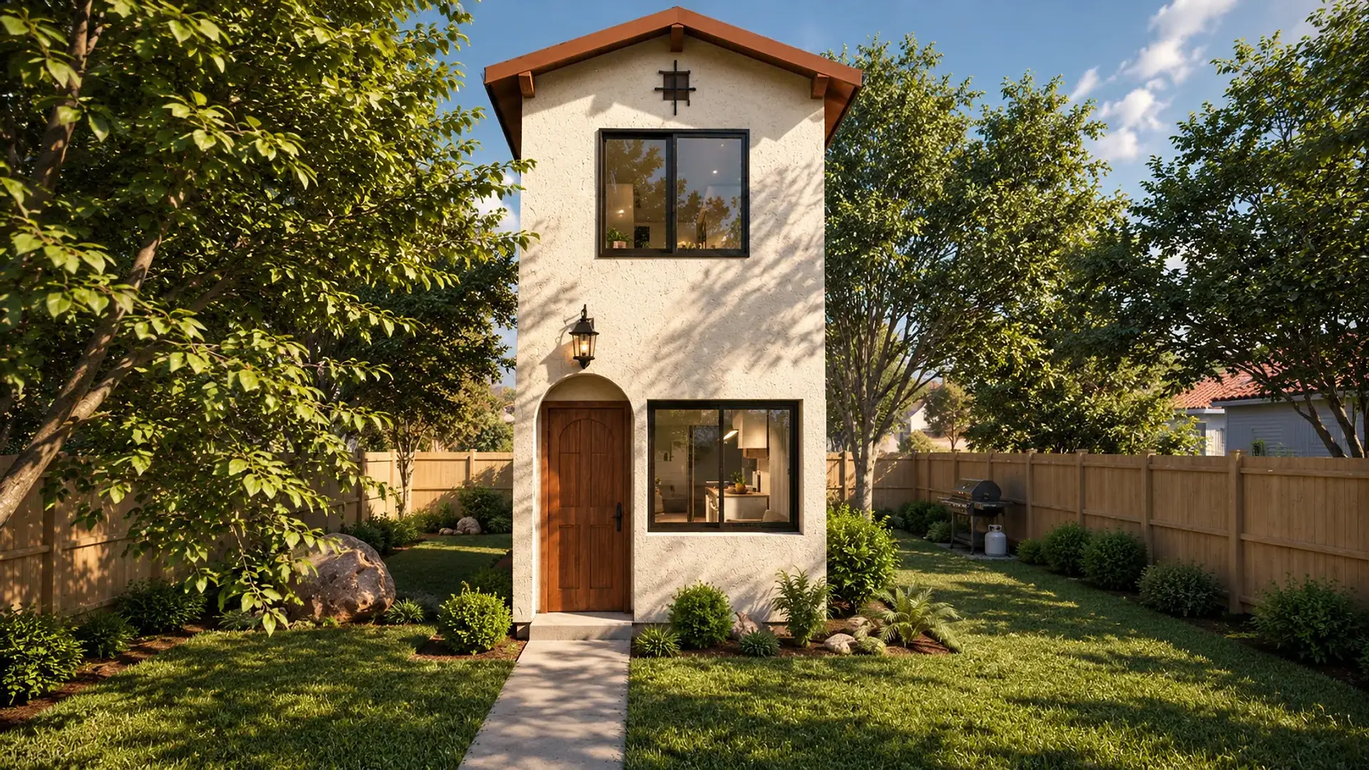 Rendering of the ADU 730 front in the Spanish style: cream stucco under a clay-red gable roof, a black iron ornament in the gable, a window upstairs, and an arched wood front door under a lantern beside a wide window.