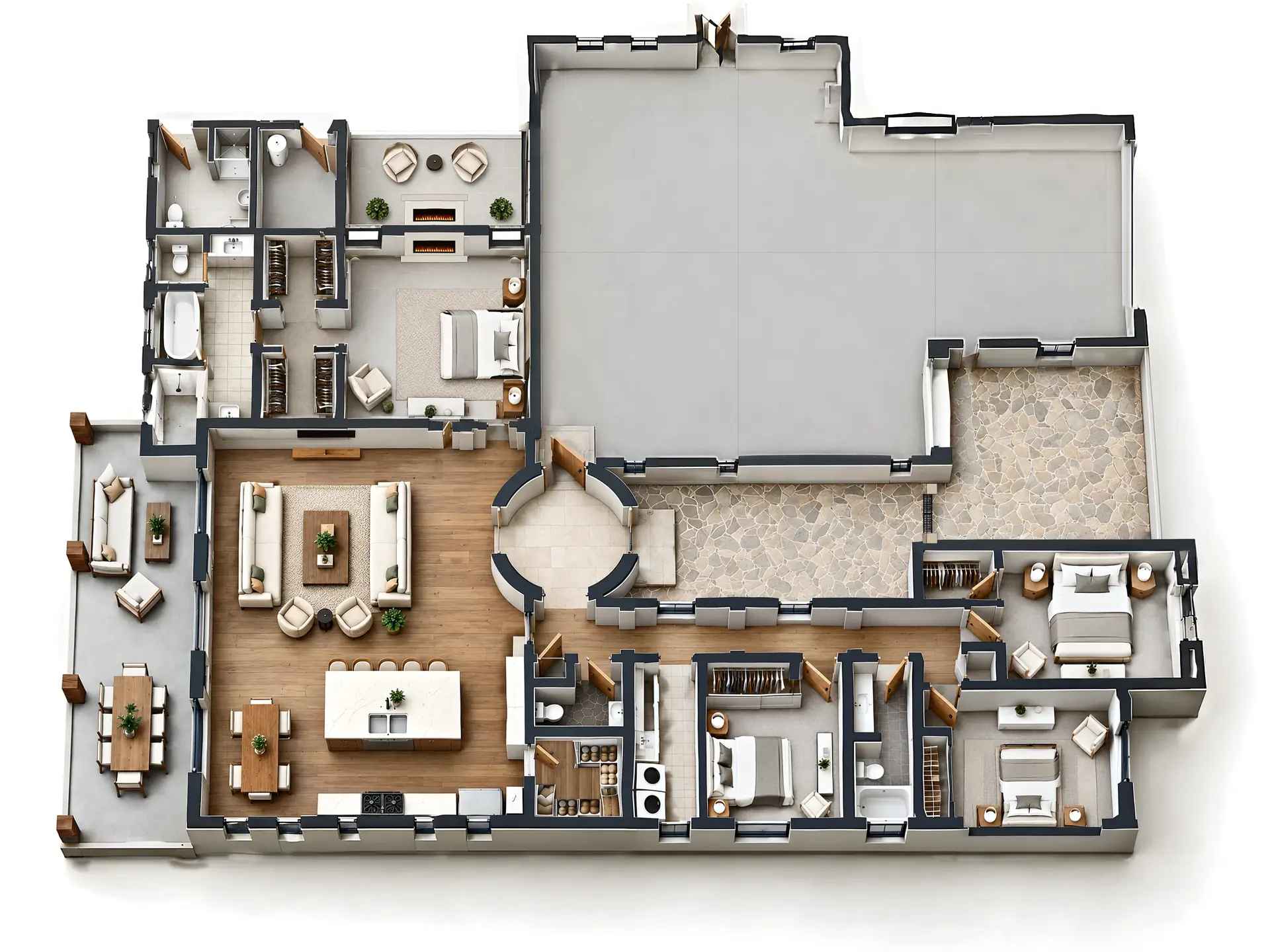 3D floor plan rendering of the Aria model home, furnished and seen from above with the roof off: the great room with the kitchen island and dining table, the round entry and the flagstone courtyard beside the garage, the primary suite with its covered garden, and three bedrooms along the hall.