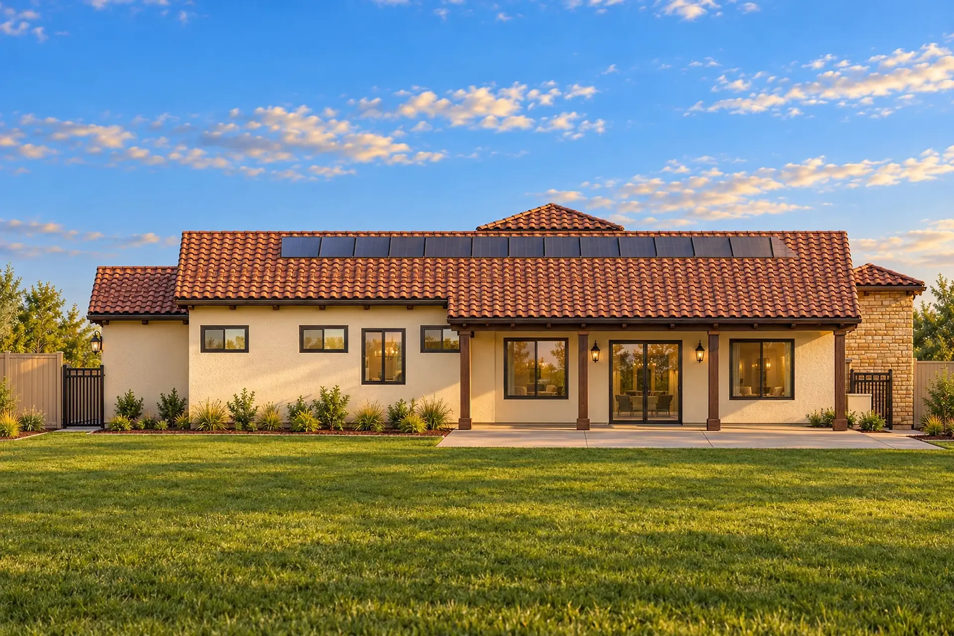 Rendering of the back of the Aria model home across the lawn: cream stucco, clay tile roofs with a row of solar panels, and the covered patio with its wood posts on the right.