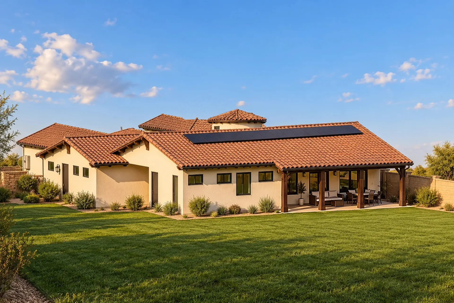 Rendering of the back of the home from the far corner of the yard: the bath wing on the left, the round entry tower rising above the roofs, a row of solar panels, and the covered patio on the right.