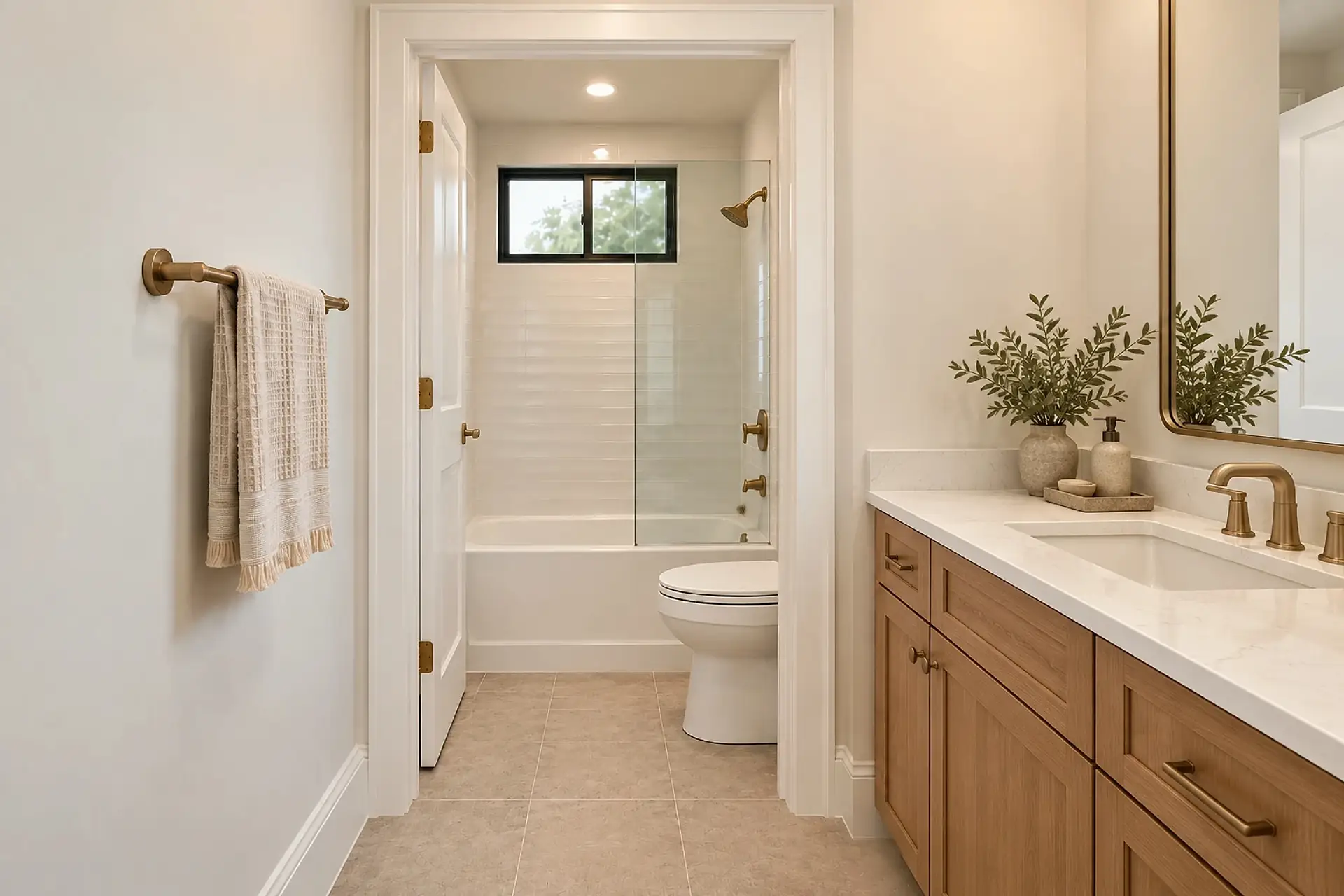 Rendering of bath 2: a wood vanity with a quartz top along the right wall, and through the inner door, the toilet and a tub-shower under a small window.