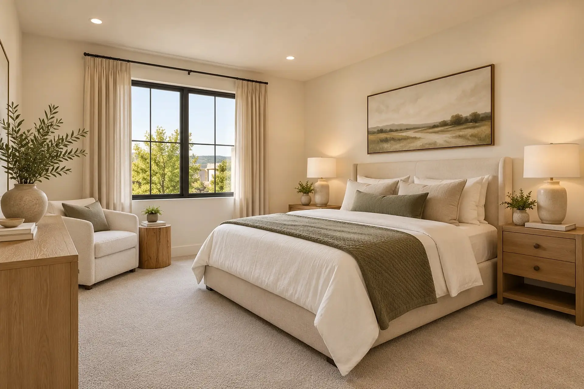 Rendering of bedroom 2: a queen bed against the right-hand wall between nightstands, a window on the far wall, and an armchair in the corner.