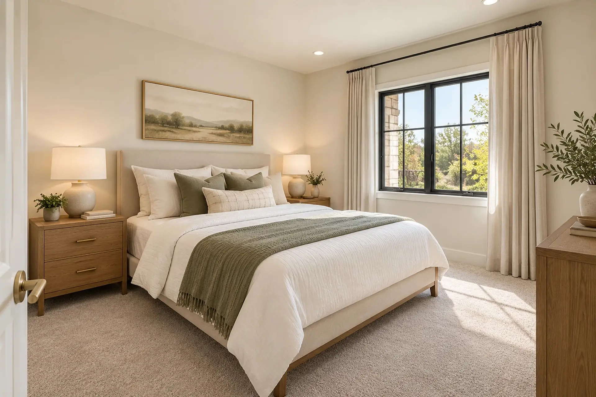 Rendering of bedroom 4: a queen bed against the far wall between nightstands, and a black-framed window on the right-hand wall.