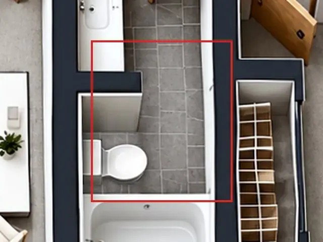 3D floor plan, as first drawn, the mistake boxed in red: Bath 2's inner door had no leaf.