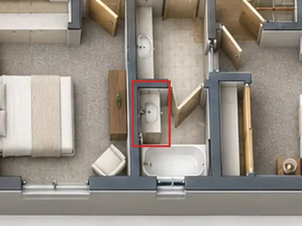 3D floor plan, as first drawn, the mistake boxed in red: Bath 2 had no toilet: a second sink stood where it goes, past the inner door.