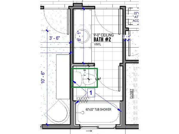 A2.1 · floor plan, boxed in green where it shows what belongs there: A2.1 puts the toilet there, its tank against the side wall and its bowl facing into the room.