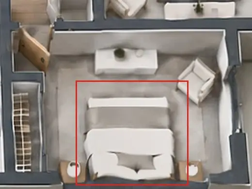 3D floor plan, as first drawn, the mistake boxed in red: Bedroom 3's bed was a melted shape.