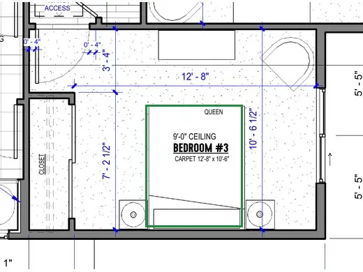 A2.1 · floor plan, boxed in green where it shows what belongs there: A2.1 draws a queen bed against the south wall.