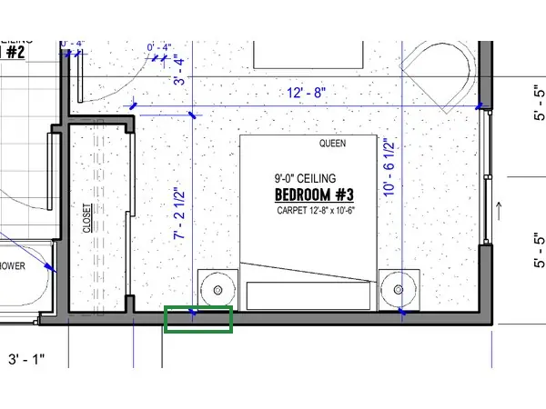 A2.1 · floor plan, boxed in green where it shows what belongs there: A2.1 has solid wall there; the room's window is in its east wall.
