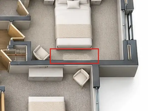 3D floor plan, as first drawn, the mistake boxed in red: Bedroom 4 had no dresser.