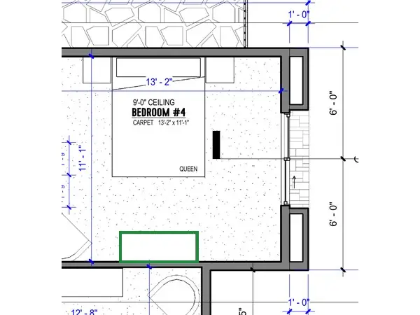 A2.1 · floor plan, boxed in green where it shows what belongs there: A2.1 draws one on the wall across from the bed.