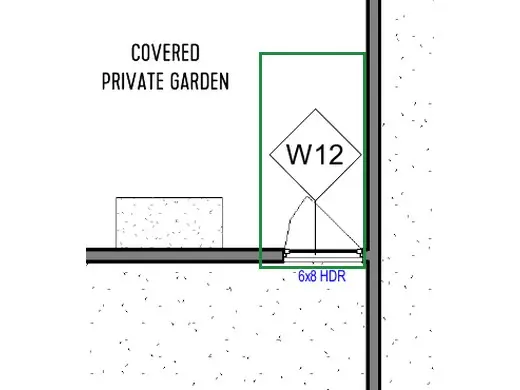 A2.3 · door and window key plan, boxed in green where it shows what belongs there: The door and window schedule (A2.3, the newest sheet) makes it a window, W12.