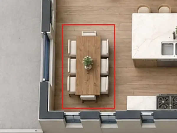 3D floor plan, as first drawn, the mistake boxed in red: Eight chairs at the dining table.
