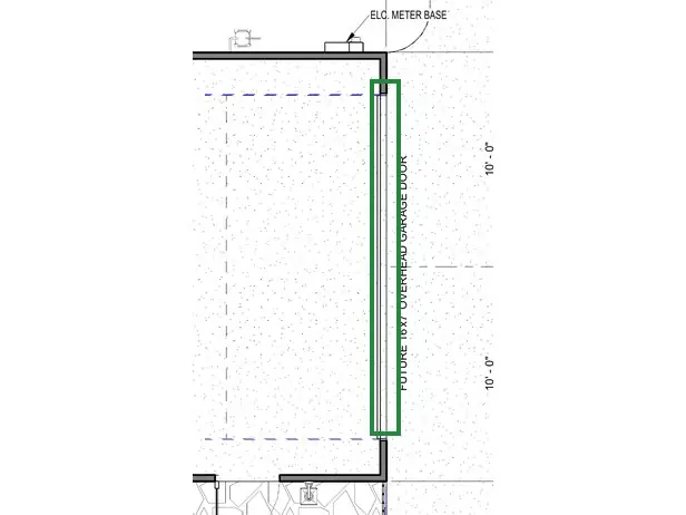 A2.1 · floor plan, boxed in green where it shows what belongs there: A2.1 draws the garage's east wall straight, with a 16-ft overhead door in it.
