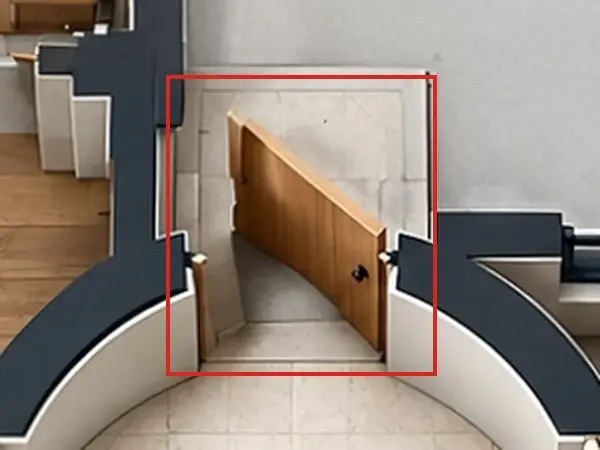 3D floor plan, as first drawn, the mistake boxed in red: The door from the rotunda to the garage hung on its east jamb.