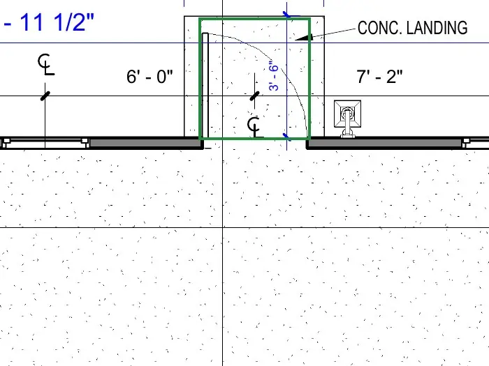 A2.1 · floor plan, boxed in green where it shows what belongs there: A2.1 draws one door (9C), hinged on its west jamb and swinging out onto the landing.