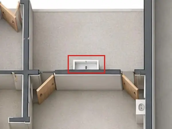 3D floor plan, as first drawn, the mistake boxed in red: The covered garden's fireplace was a small white box.