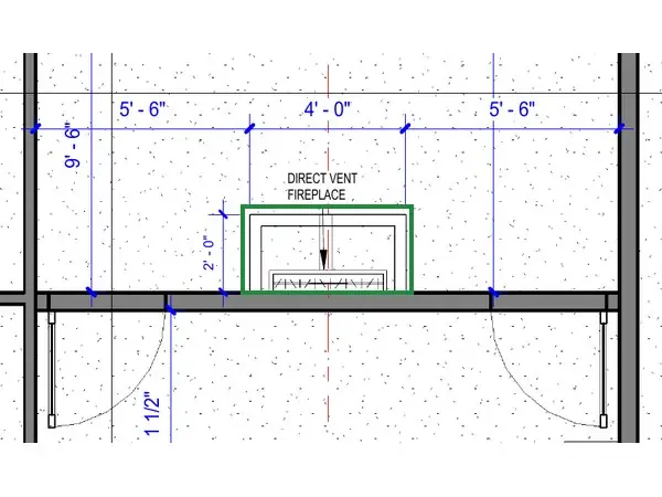 A2.1 · floor plan, boxed in green where it shows what belongs there: A2.1 draws a 4-ft direct-vent fireplace against the bedroom wall.