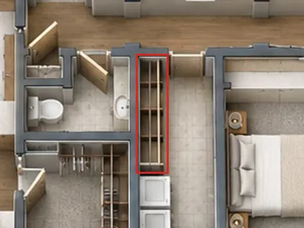3D floor plan, as first drawn, the mistake boxed in red: The laundry had tall open shelves along its long wall, and no counter or sink.