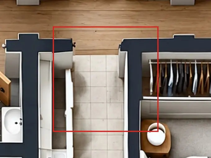 3D floor plan, as first drawn, the mistake boxed in red: The laundry door had no leaf.