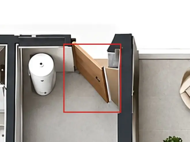 3D floor plan, as first drawn, the mistake boxed in red: The mechanical room's door had a second leaf, swung out into the room from the other jamb.