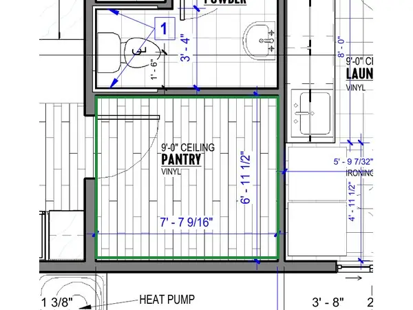 A2.1 · floor plan, boxed in green where it shows what belongs there: A2.1 makes it the walk-in pantry off the kitchen, with a plank floor.