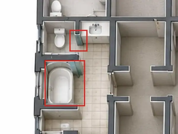 3D floor plan, as first drawn, the mistake boxed in red: The primary bath's toilet room had a teal glass panel where its door goes, and the tub was built in, with another glass panel beside it.