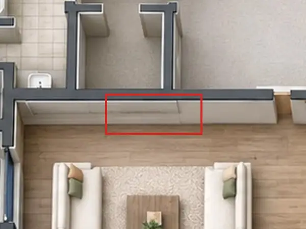 3D floor plan, as first drawn, the mistake boxed in red: No TV on the living room's wall.