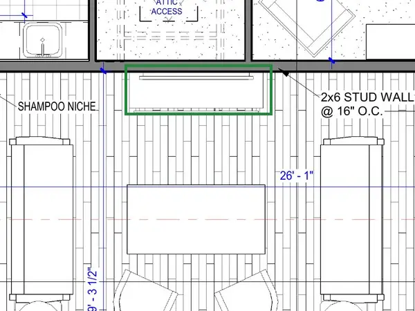 A2.1 · floor plan, boxed in green where it shows what belongs there: A2.1 draws the TV and its console on that wall, centered on the seating.