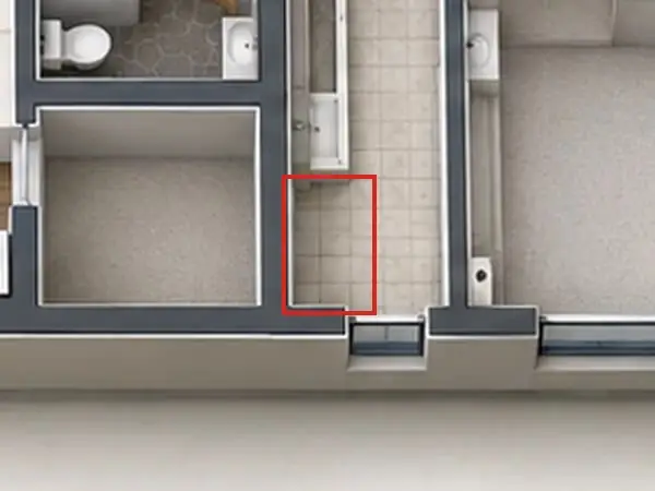 3D floor plan, as first drawn, the mistake boxed in red: No washer and dryer in the laundry.