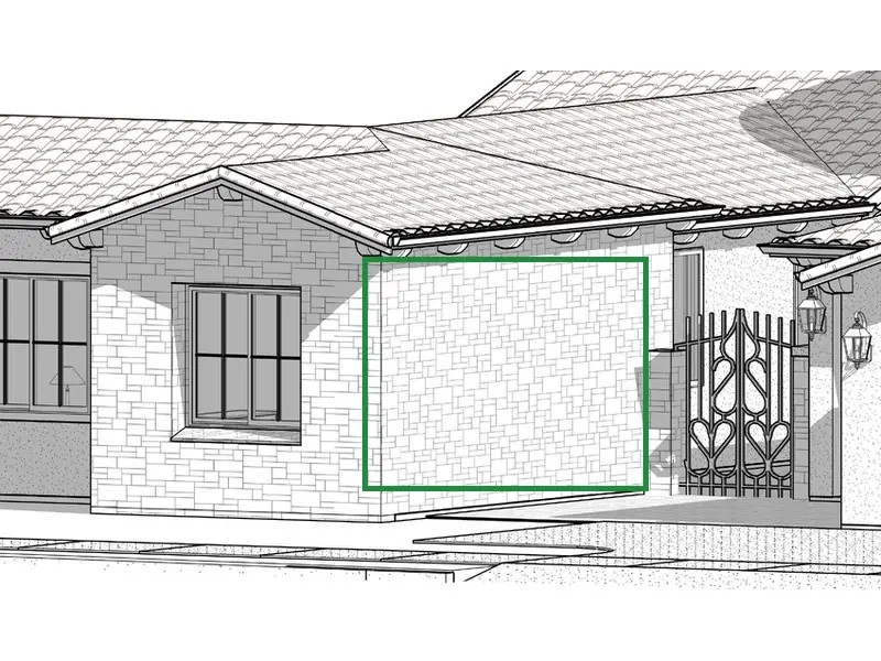 A3.3 · front 3D view, boxed in green where it shows what belongs there: The front 3D view (A3.3), the front elevation (A3.1) and A2.1 have it blank, faced in the same stacked stone.