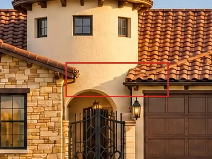 Front straight on, as first drawn, the mistake boxed in red: The tower fix also took away the small tile roof over the gate, so the gate looked set into the tower's base.