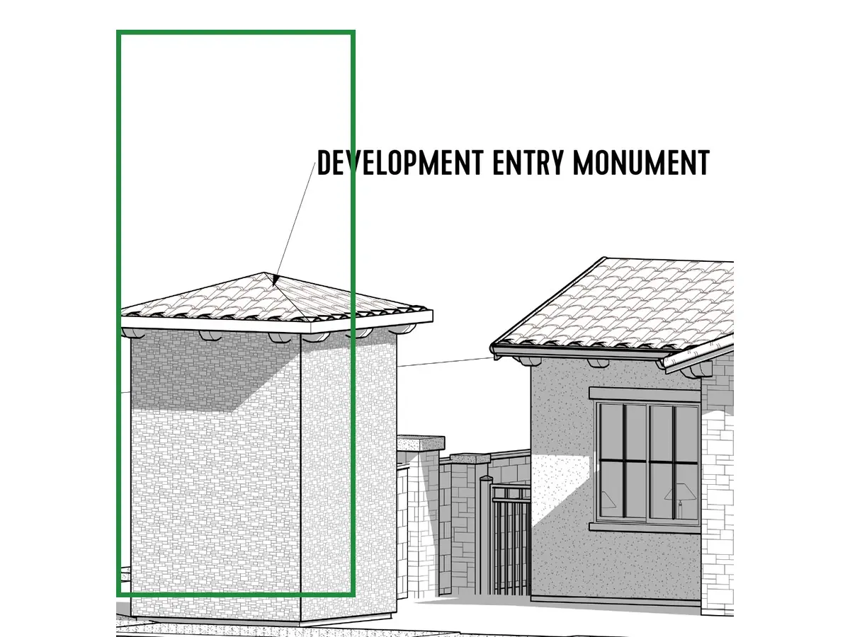 A3.3 · front 3D view, boxed in green where it shows what belongs there: It's the development's entry monument at the far street corner, labeled on the front 3D view (A3.3). The back elevation draws it beside the house only because an elevation is flat.