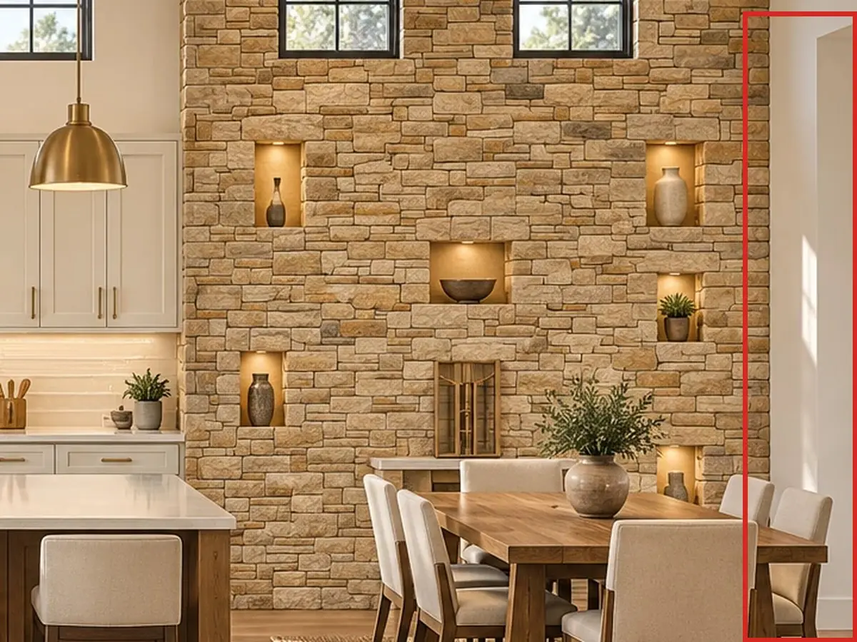 Kitchen and dining, as first drawn, the mistake boxed in red: At the far right, past the stone wall, a plain opening ran down to the floor.