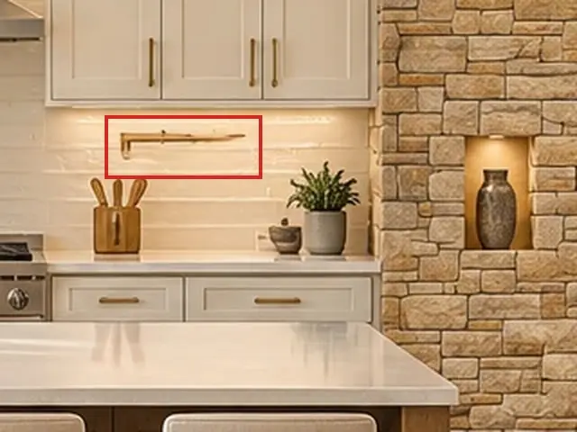 Kitchen and dining, as first drawn, the mistake boxed in red: A second brass pot filler sat on the backsplash, right of the range.