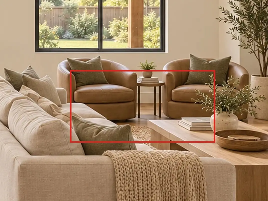 Great room toward the patio, as first drawn, the mistake boxed in red: Two swivel chairs stood under the right-hand window.