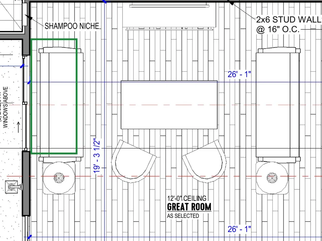 A2.1 · floor plan, boxed in green where it shows what belongs there: A2.1 puts the second sofa there, under the window and facing into the room.