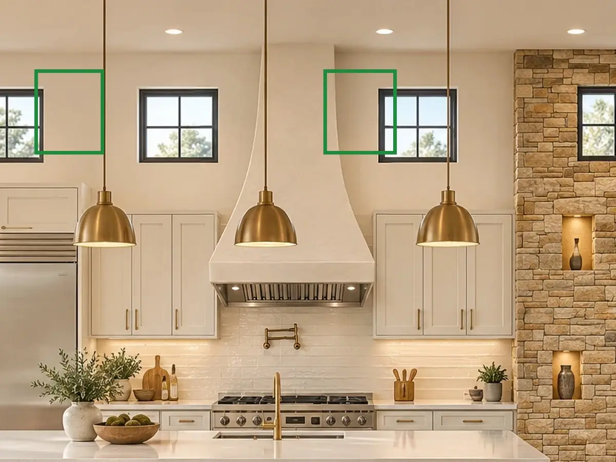 04 · the approved photo, boxed in green where it shows what belongs there: Every other window in the house has black frames, as in the approved kitchen photo.