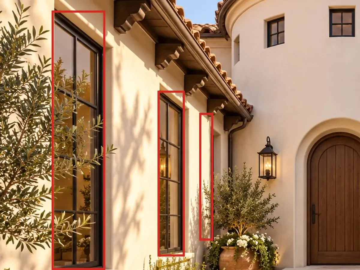 Courtyard toward the front door, as first drawn, the mistake boxed in red: The hall's two courtyard windows ran from near the ground almost to the eave, and a sliver of a third opening showed by the tower.