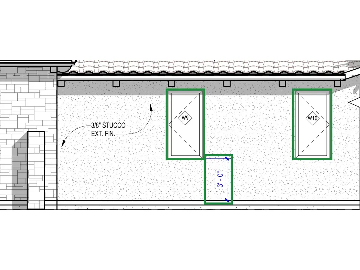 A3.1 · courtyard elevation, boxed in green where it shows what belongs there: 2'-6" x 5'-0" casements (A2.3), their sills 3 ft up (A3.1).