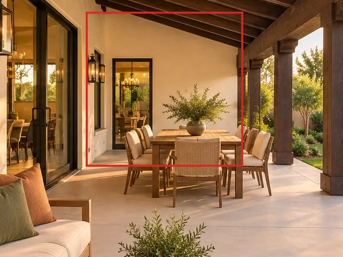 Covered back patio, as first drawn, the mistake boxed in red: At the far end, a wall closed off the patio, with a narrow window and a tall glass door in it.