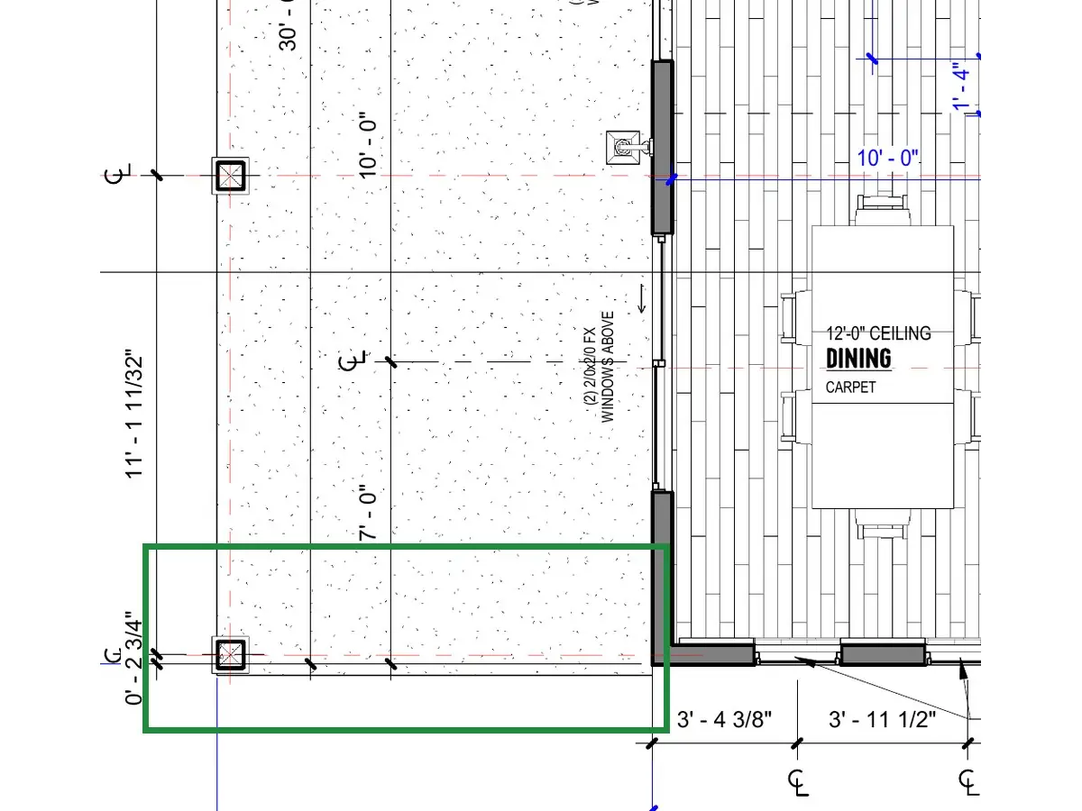 A2.1 · floor plan, boxed in green where it shows what belongs there: On A2.1 the patio is open at that end: the house wall runs on to its corner beside the last post, with a window, the sliding door and a window along it.