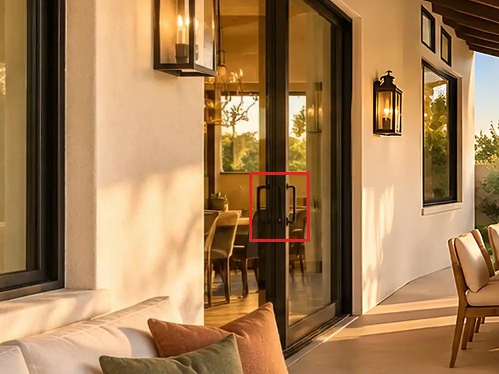 Covered back patio, as first drawn, the mistake boxed in red: The sliding door had two pulls facing each other where its panels meet, like a pair of French doors.