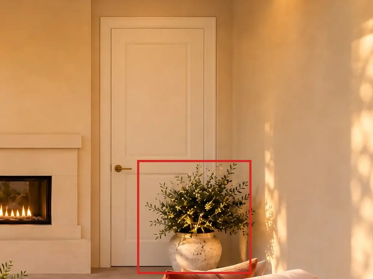 Primary suite garden, as first drawn, the mistake boxed in red: The big potted olive stood in front of the garden door, so the door couldn't open.