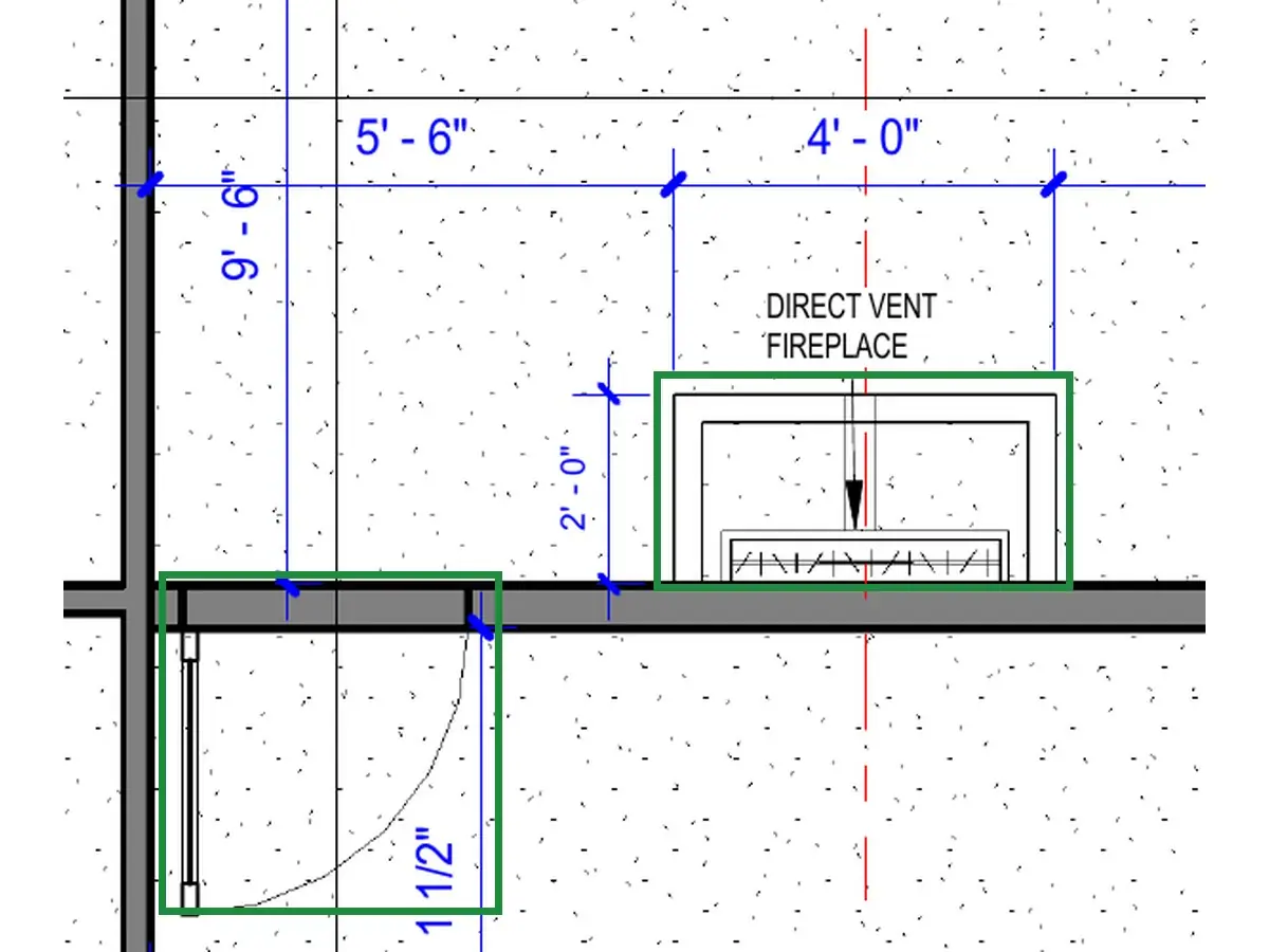 A2.1 · floor plan, boxed in green where it shows what belongs there: On A2.1 the door sits about 2 ft from the fireplace and opens into the bedroom, so its doorway has to stay clear.
