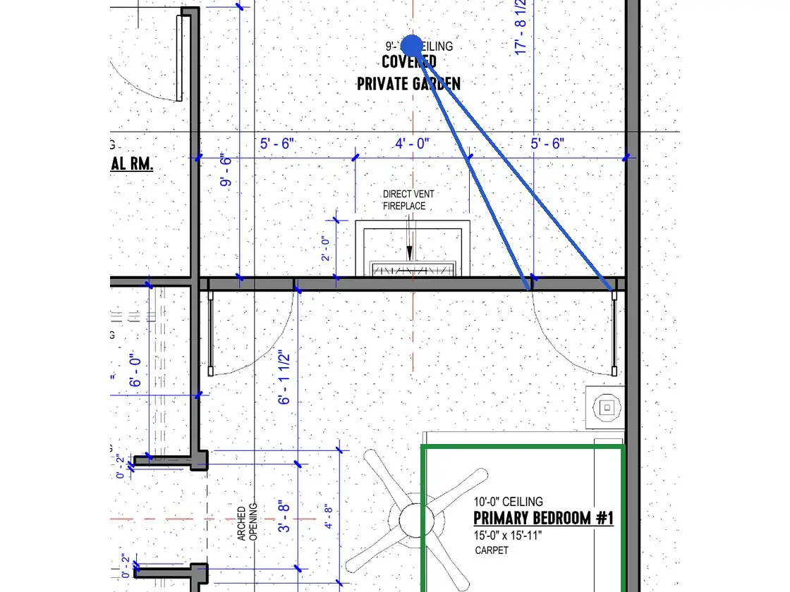 A2.1 · floor plan, boxed in green where it shows what belongs there: A2.1 puts the headboard on the bedroom's east wall, so from here the bed is seen from its side.