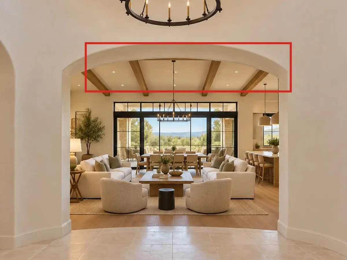 Entry rotunda, as first drawn, the mistake boxed in red: Wood beams crossed the great room's ceiling, seen through the arch.