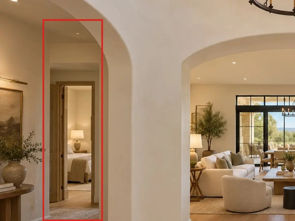 Entry rotunda, as first drawn, the mistake boxed in red: Through the arch on the left, a hallway ran on to an open door and a bedroom.