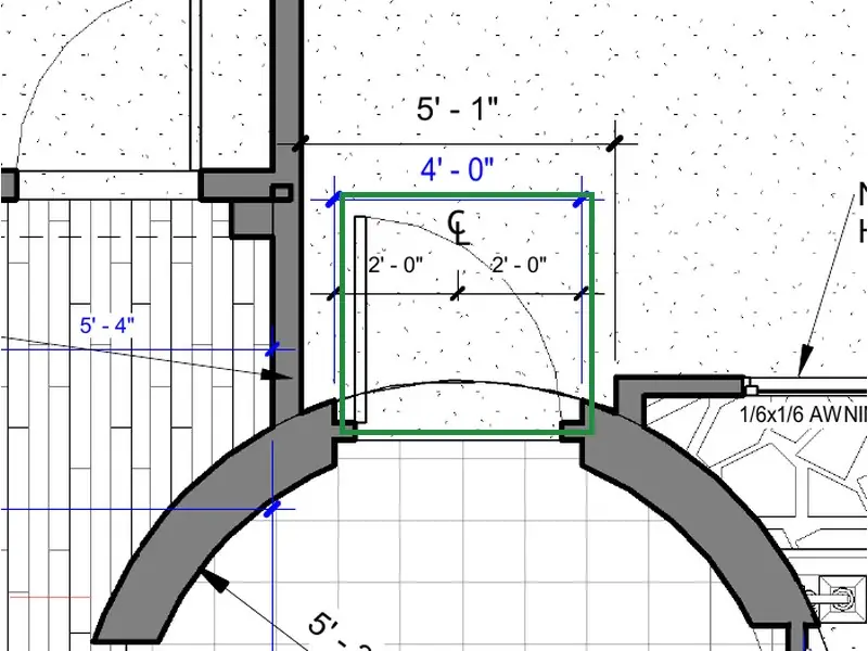A2.1 · floor plan, boxed in green where it shows what belongs there: A2.1 hinges that door (door 2) on the edge that shows here; its knob is on the far edge, out of view.