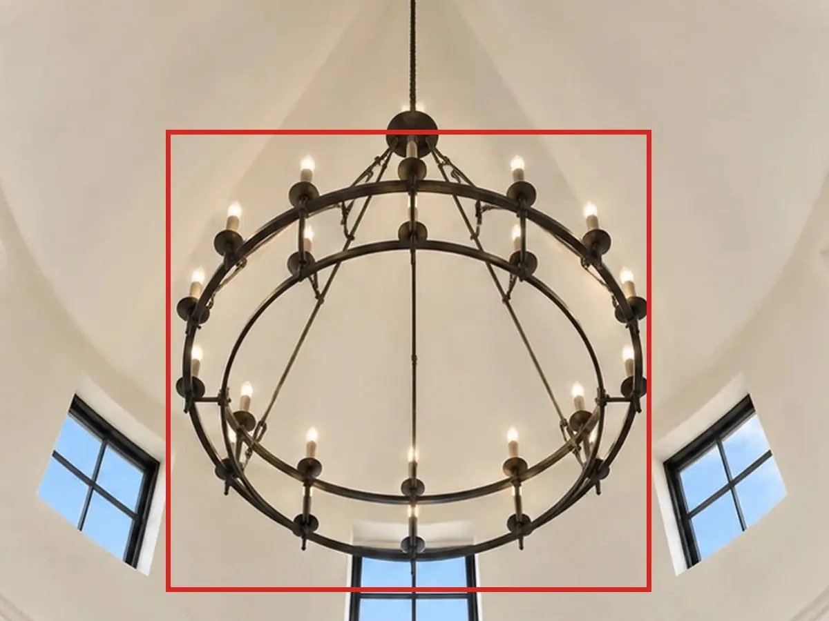 Rotunda, looking up, as first drawn, the mistake boxed in red: The chandelier had two tiers of candles.